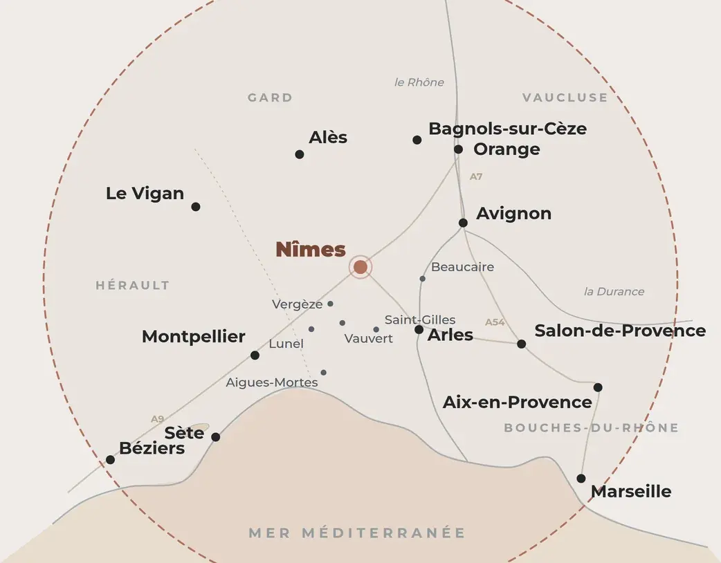 Carte de la zone d'intervention autour de Nîmes : Montpellier, Alès, Arles, Béziers, Marseille