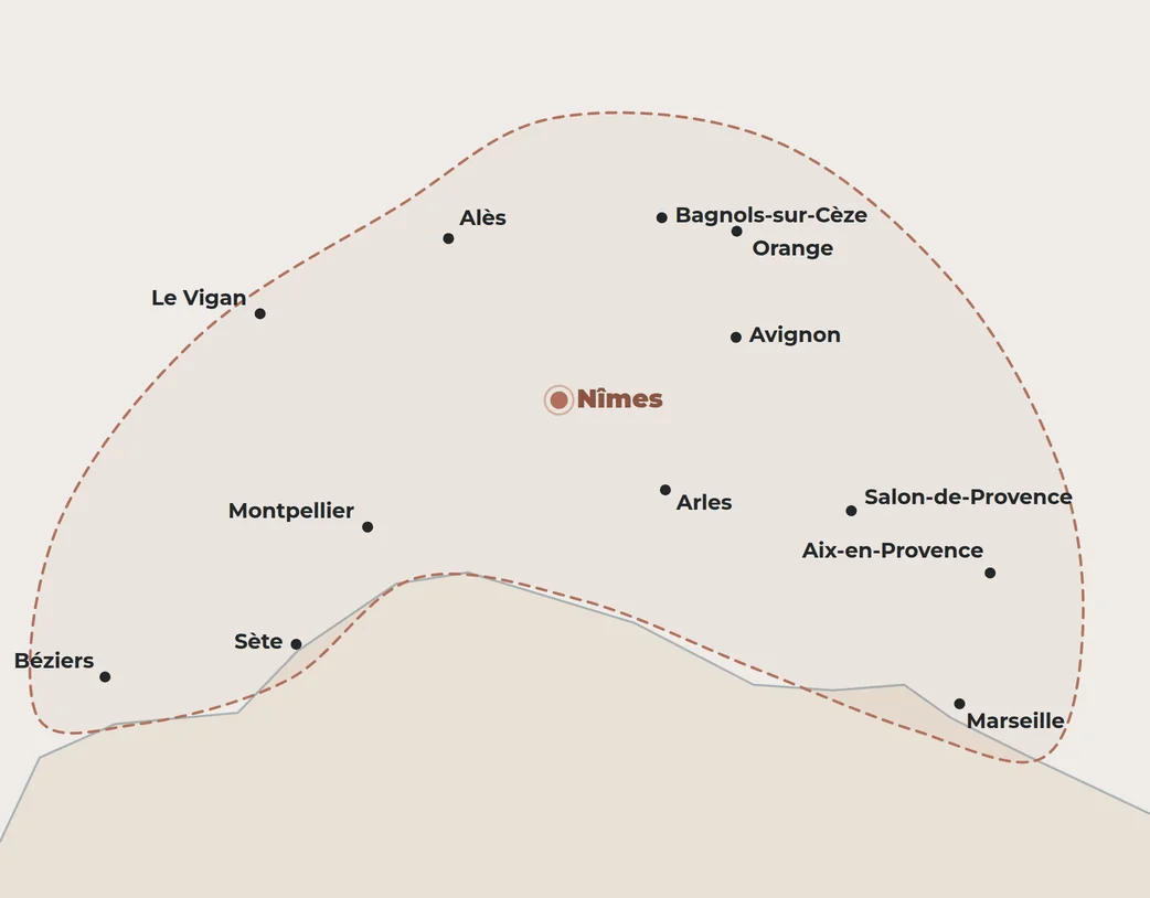 Carte de la zone d'intervention autour de Nîmes