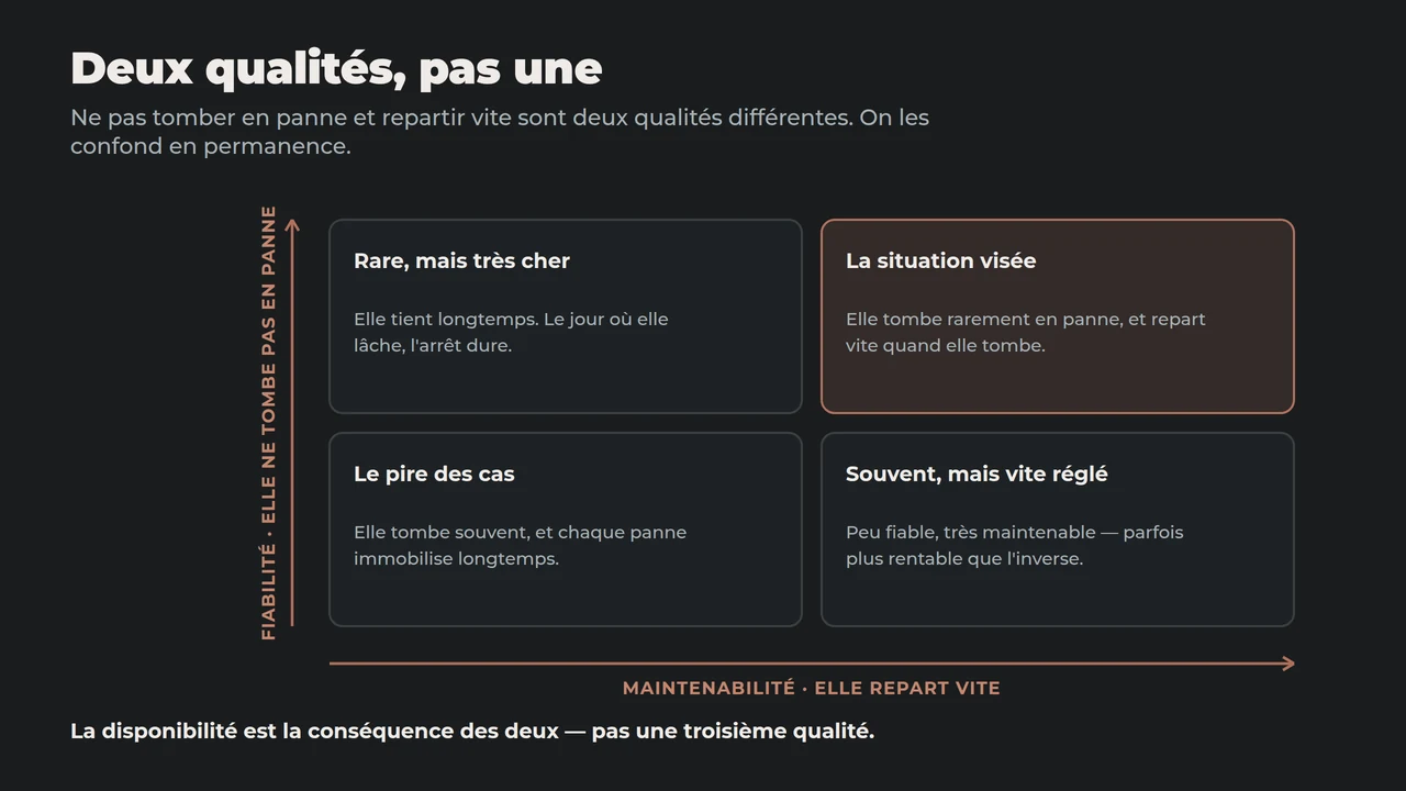 Matrice fiabilité et maintenabilité : rare mais très cher, la situation visée, le pire des cas, souvent mais vite réglé